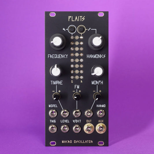 Black electronic eurorack synth module with various knobs and labels. Built by Patch Party.