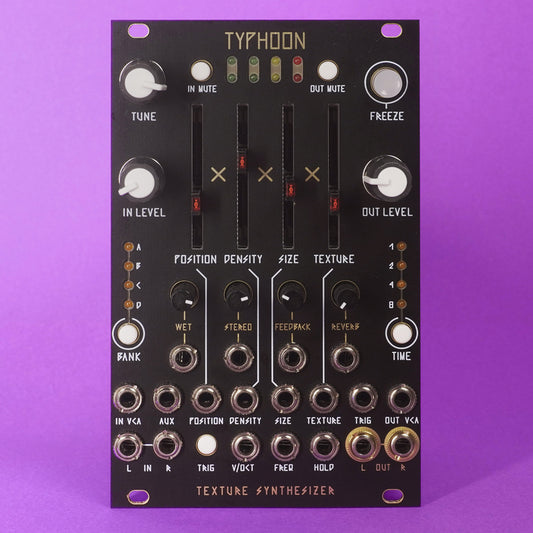 A modular synth module featuring knobs and sliders. Built by Patch Party.