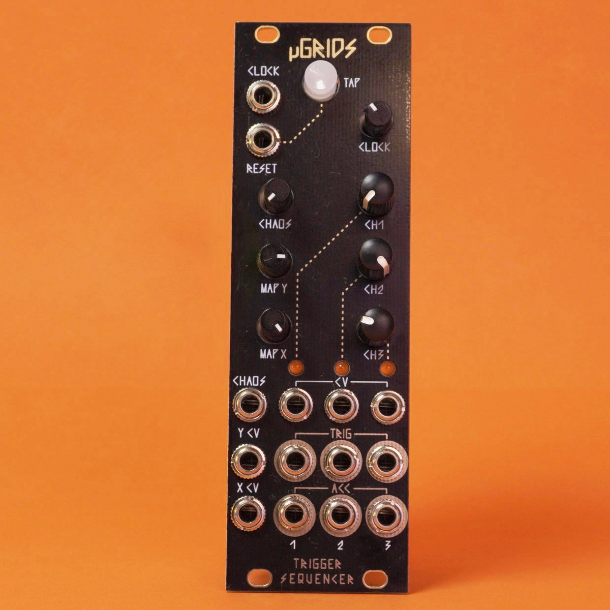 An 8HP modular synthesizer component with a matte black and gold panel, labeled 'uGrids' on the front. Built by Patch Party.