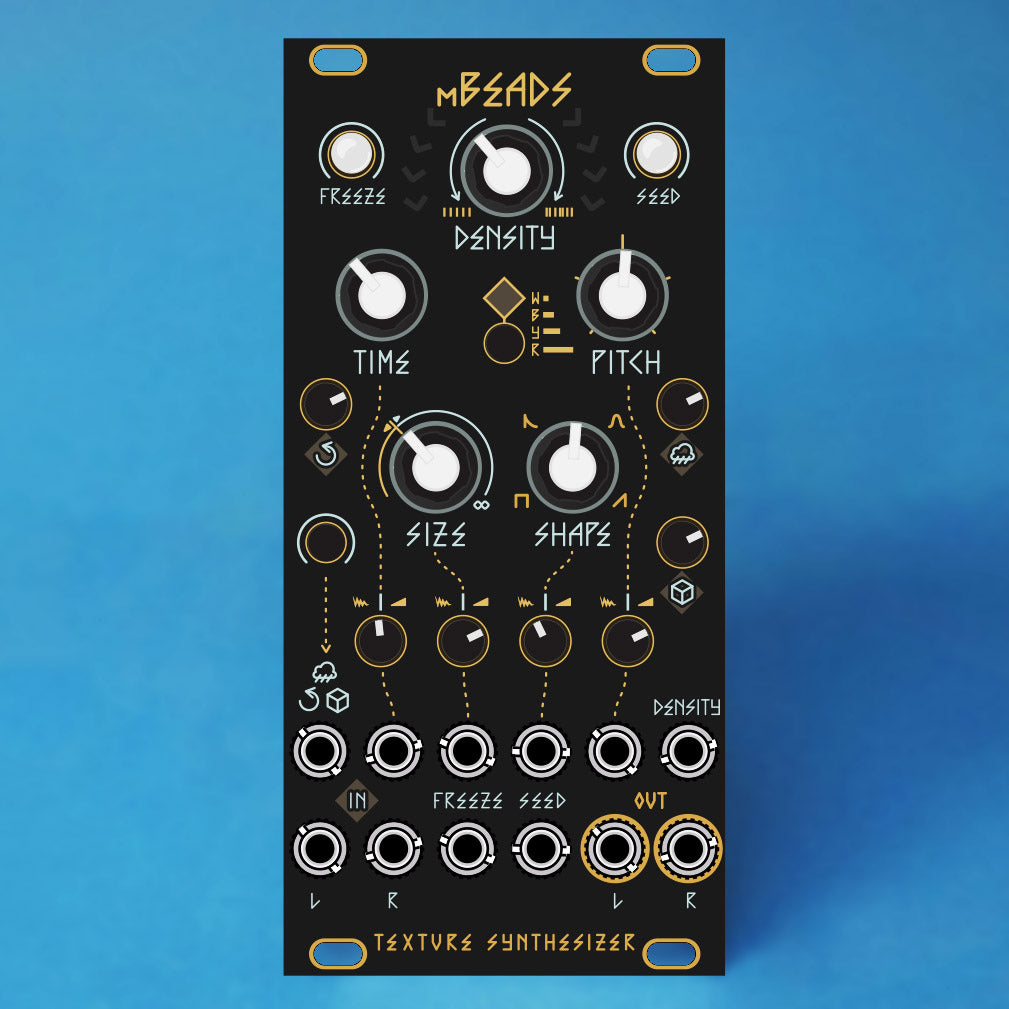A black synthesizer module with gold and white controls and labels, including knobs for density, time, pitch, size, and shape, set against a solid blue background.